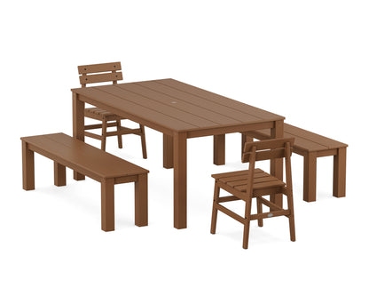 POLYWOOD Modern Studio Plaza Chair 5-Piece Parsons Dining Set with Benches - 38" x 72" Table in Teak