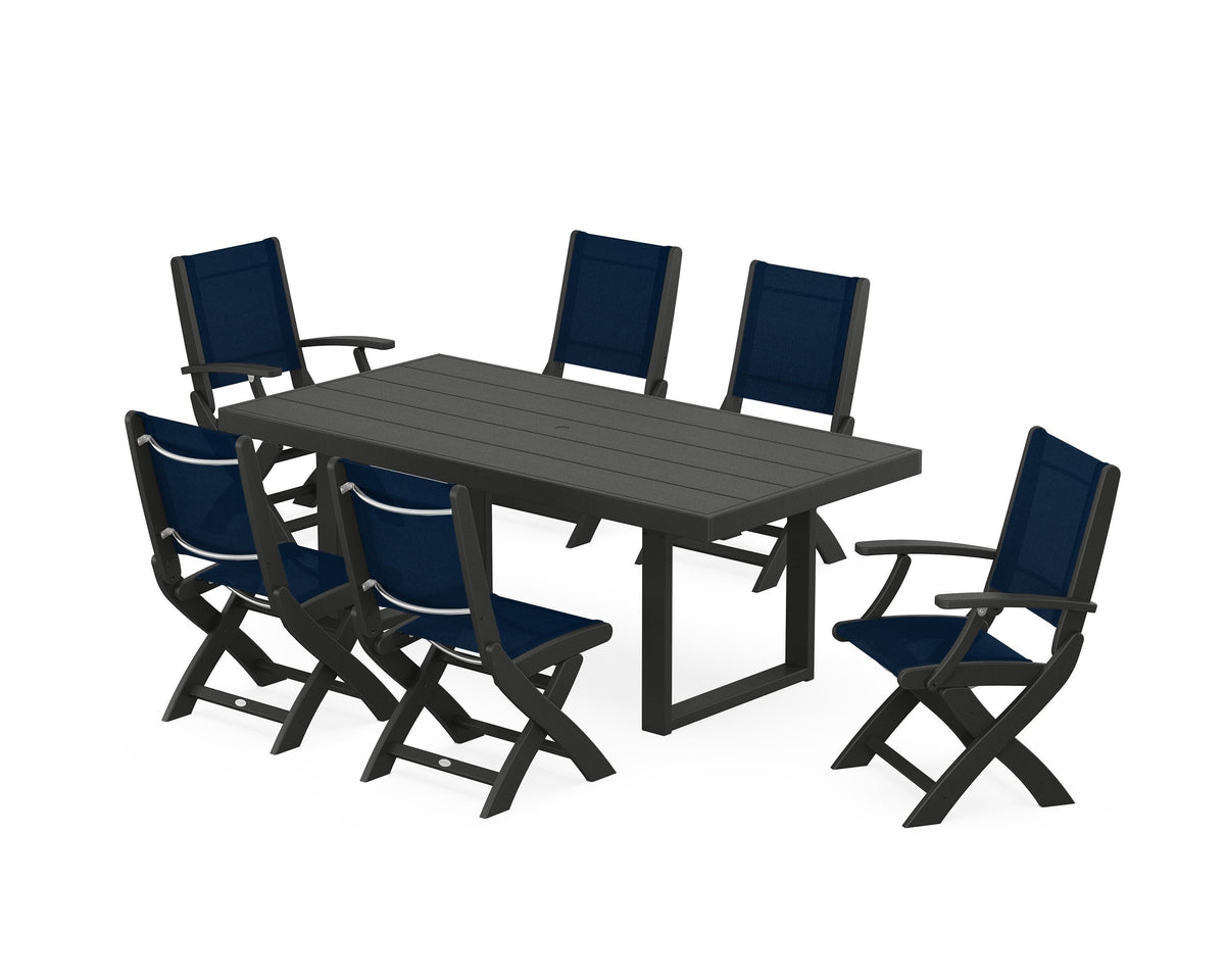 POLYWOOD Coastal Folding Chair 7-Piece Dining Set with Trestle Legs with EDGE 40" x 78" Dining Table in Black / Navy Blue