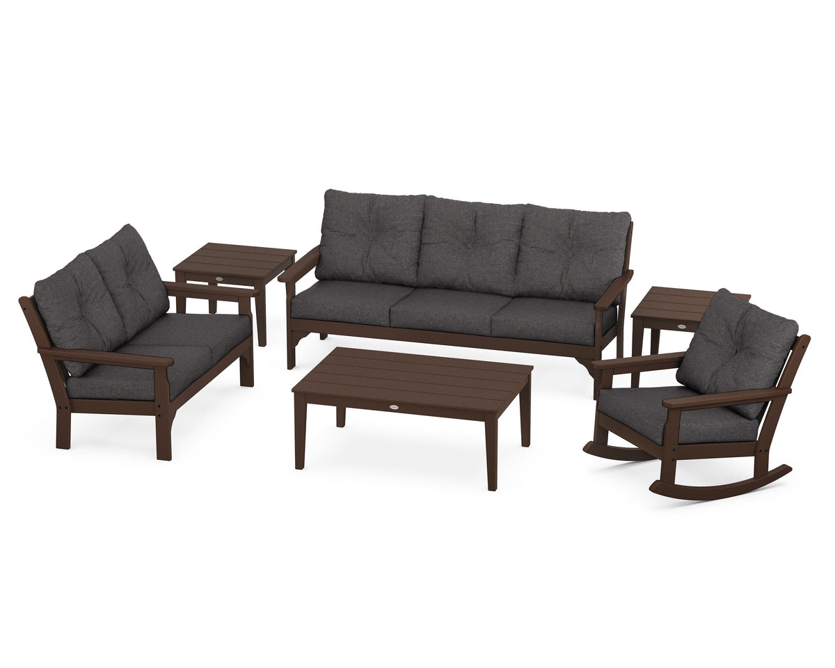 POLYWOOD Vineyard 6-Piece Deep Seating Set with Rocking Chair in Mahogany / Ash Charcoal