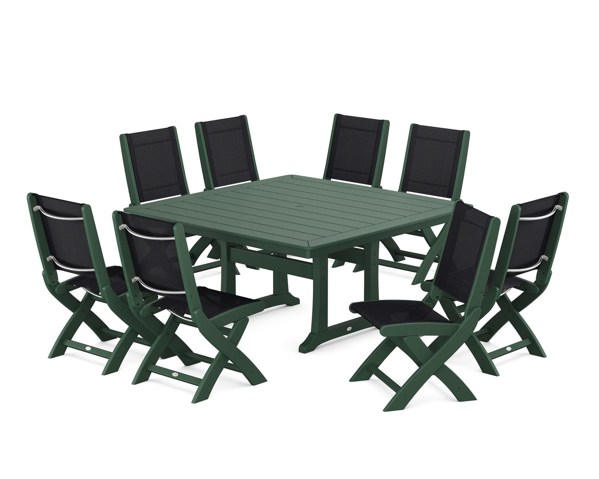 POLYWOOD Coastal Folding Side Chair 9-Piece Dining Set with Trestle Legs in Green / Black