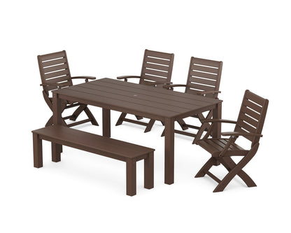 POLYWOOD Signature Folding Chair 6-Piece Parsons Dining Set with Bench in Mahogany