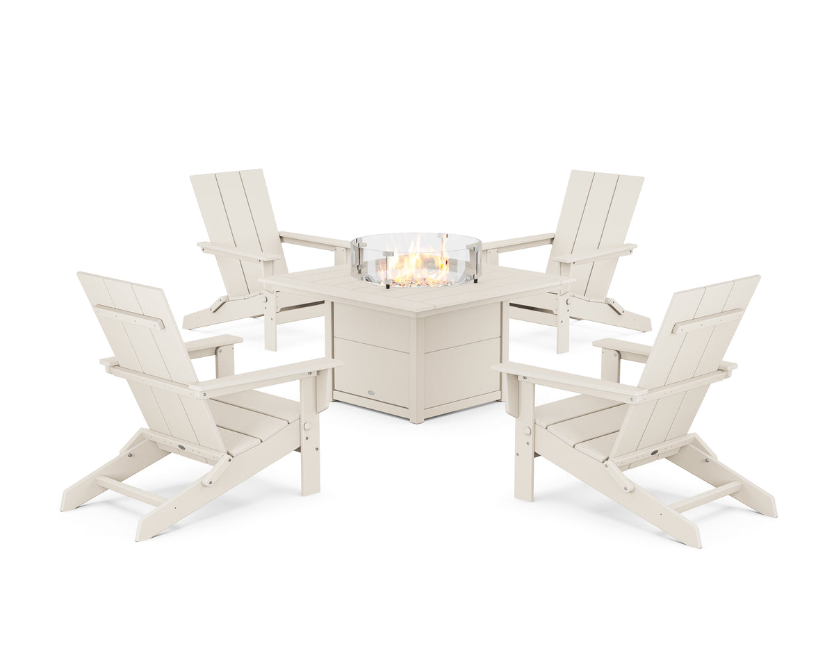 POLYWOOD 5-Piece Modern Studio Folding Adirondack Conversation Set with Fire Pit Table in Sand
