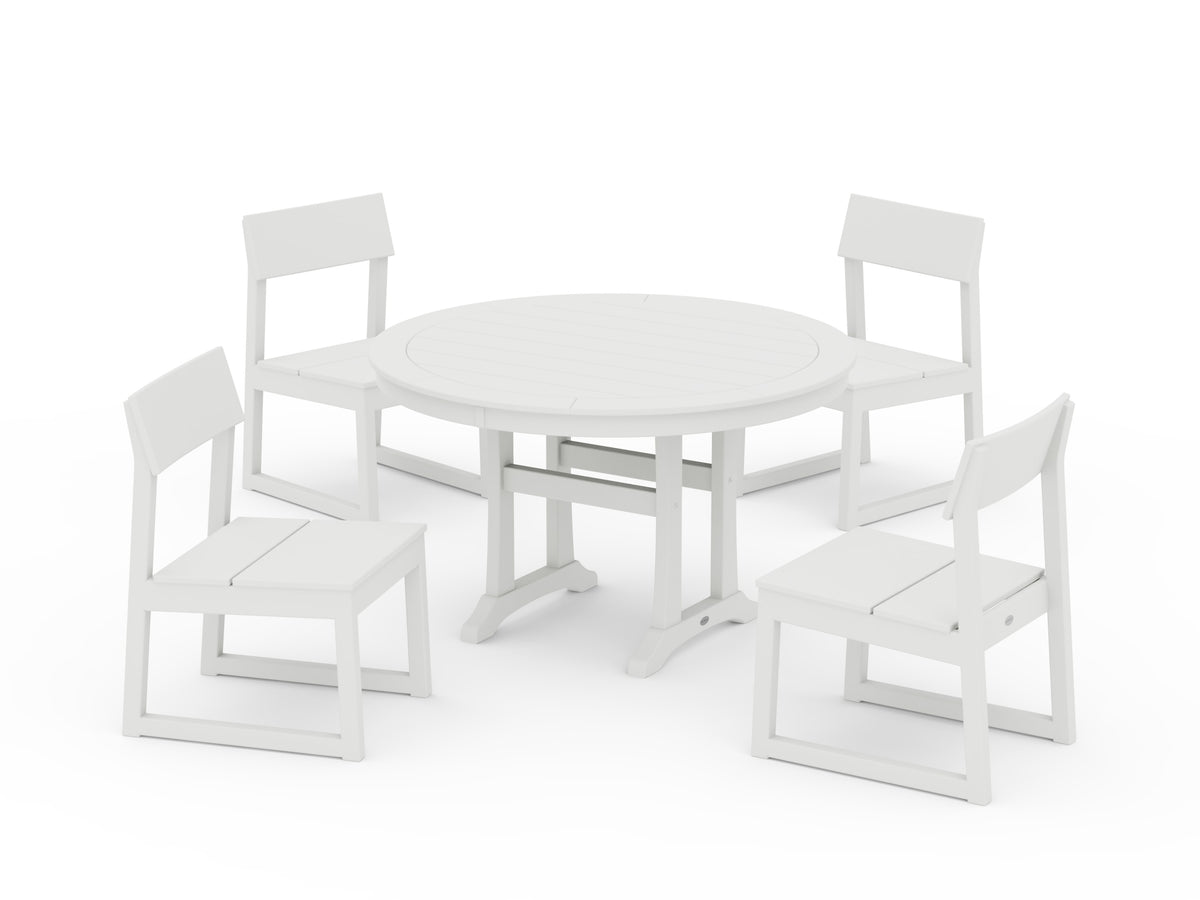 POLYWOOD EDGE Side Chair 5-Piece Round Dining Set with Trestle Legs in Vintage White