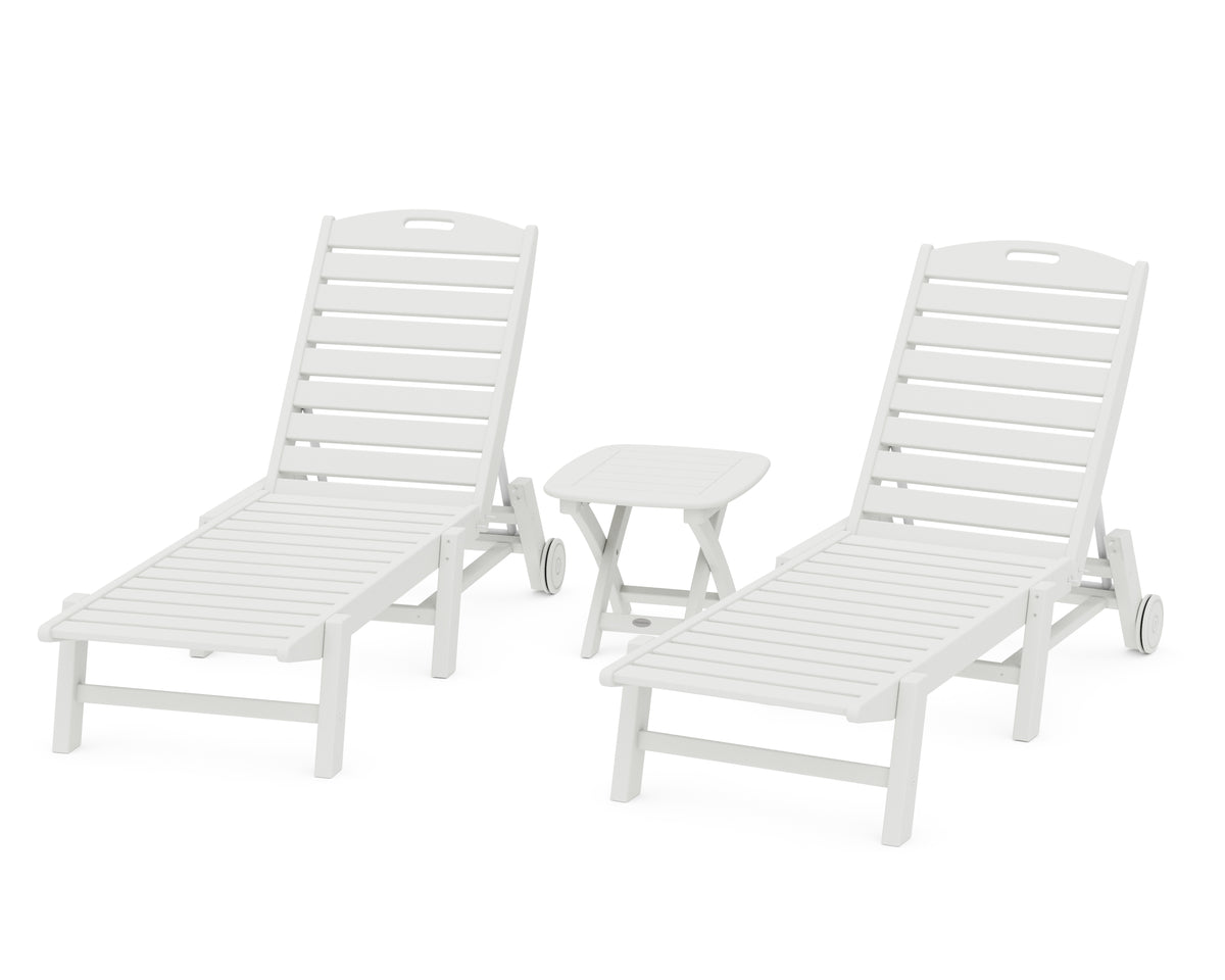 POLYWOOD Nautical 3-Piece Wheeled Chaise Set with Nautical Side Table in Vintage White