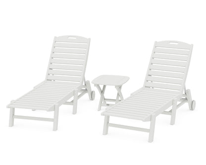 POLYWOOD Nautical 3-Piece Wheeled Chaise Set with Nautical Side Table in Vintage White