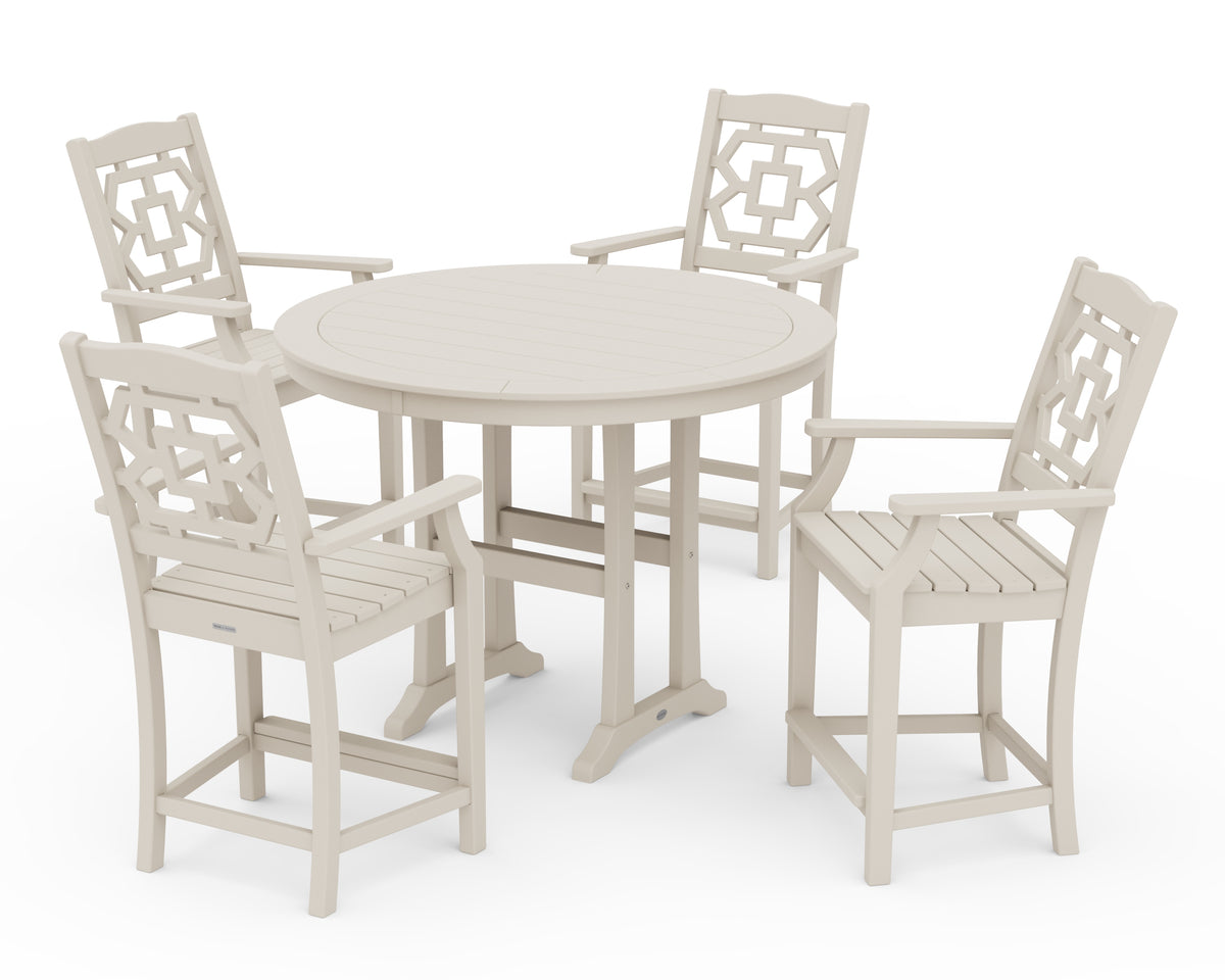 POLYWOOD Chinoiserie 5-Piece Round Counter Set in Sand