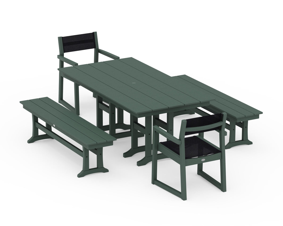 POLYWOOD EDGE Sling Arm Chair 5-Piece Farmhouse Dining Set with Benches in Green / Black