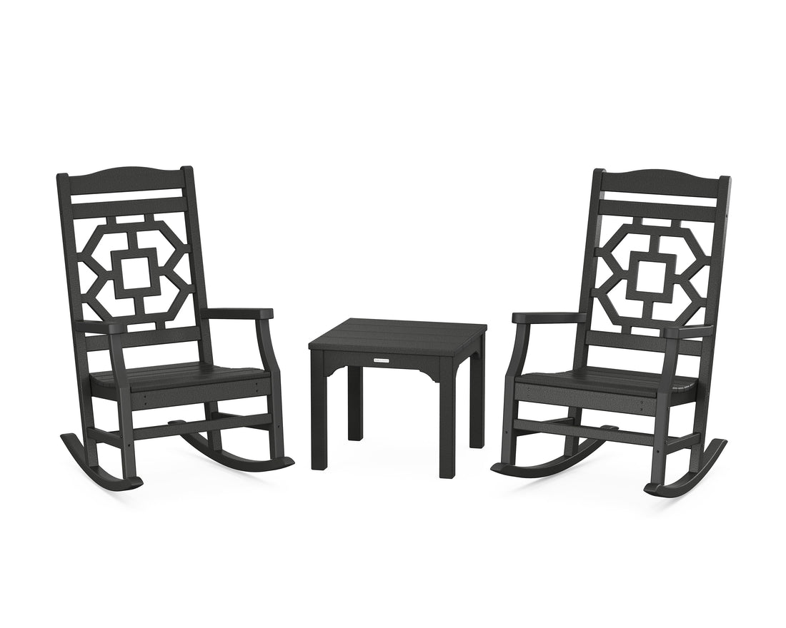 POLYWOOD Chinoiserie 3-Piece Rocking Chair Set in Black