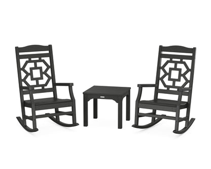 POLYWOOD Chinoiserie 3-Piece Rocking Chair Set in Black