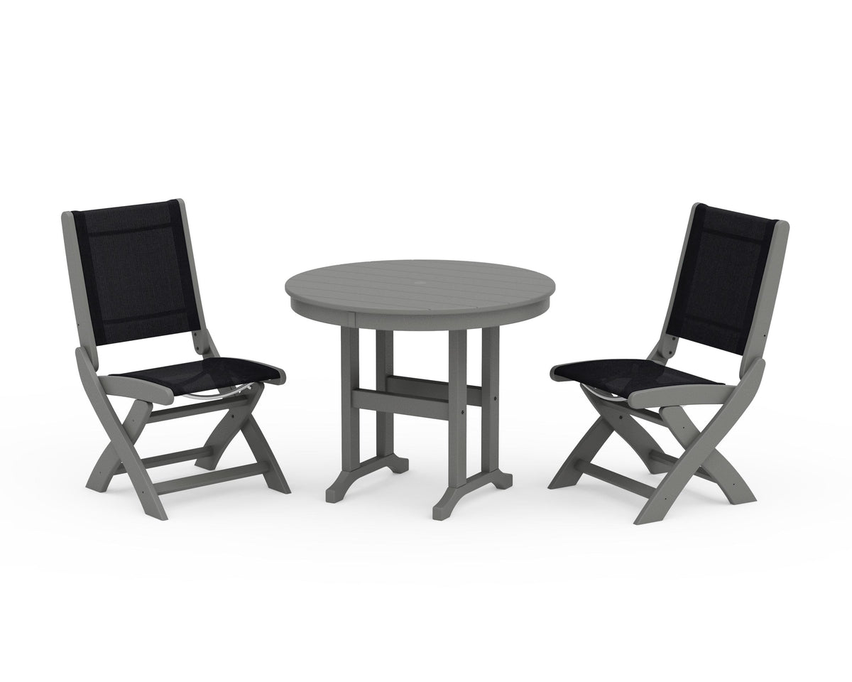 POLYWOOD Coastal Folding Side Chair 3-Piece Round Dining Set in Slate Grey / Black