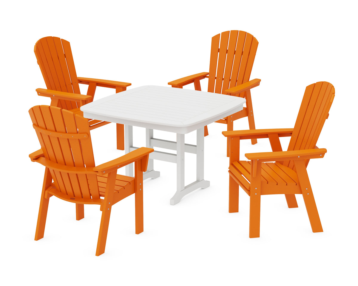 POLYWOOD Nautical Curveback Adirondack 5-Piece Dining Set - 44" Table in Tangerine / White