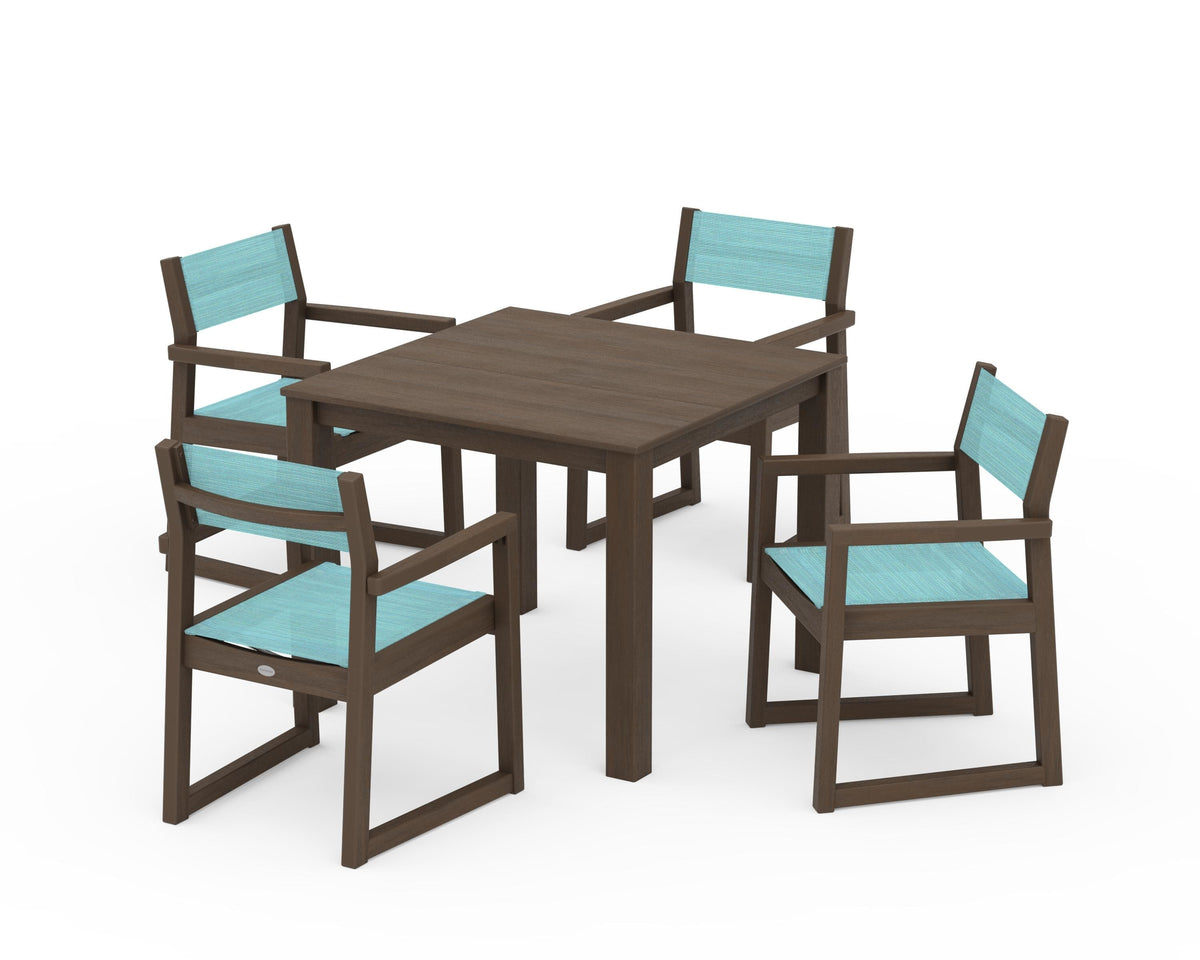POLYWOOD EDGE Sling Arm Chair 5-Piece Parsons Dining Set in Kona / Dupioni Aquamarine