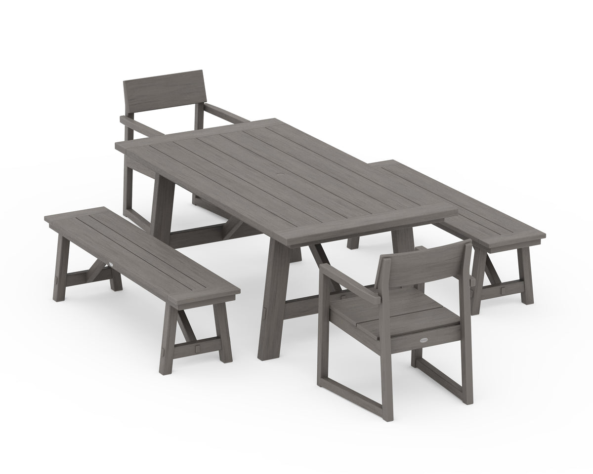 POLYWOOD EDGE 5-Piece Rustic Farmhouse Dining Set with Benches in Driftwood