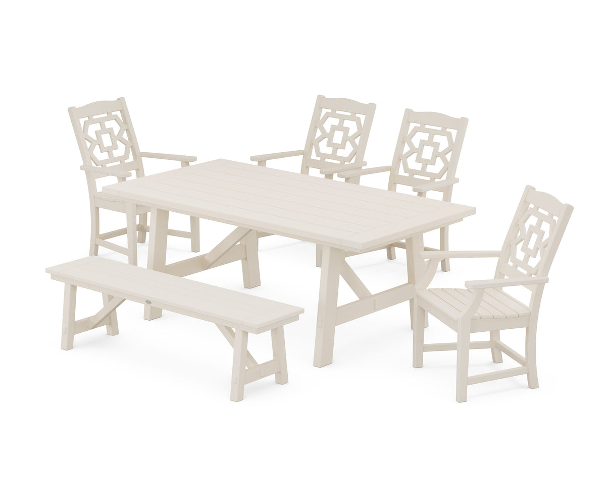 POLYWOOD Chinoiserie 6-Piece Rustic Farmhouse Dining Set with Bench in Sand