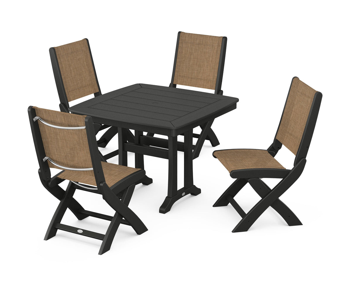 POLYWOOD Coastal Folding Side Chair 5-Piece Dining Set with Trestle Legs in Black / Burlap