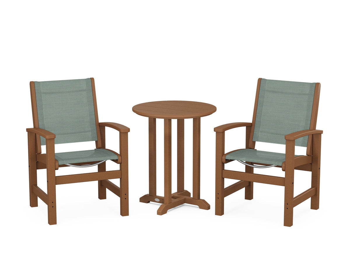 POLYWOOD Coastal 3-Piece Round Bistro Dining Set in Teak / Dupioni Sea Mist