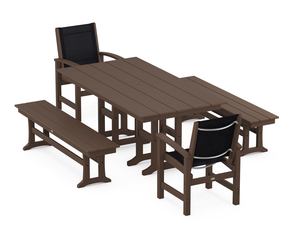 POLYWOOD Coastal 5-Piece Farmhouse Dining Set with Farmhouse 37" x 72" Dining Table in Mahogany / Black