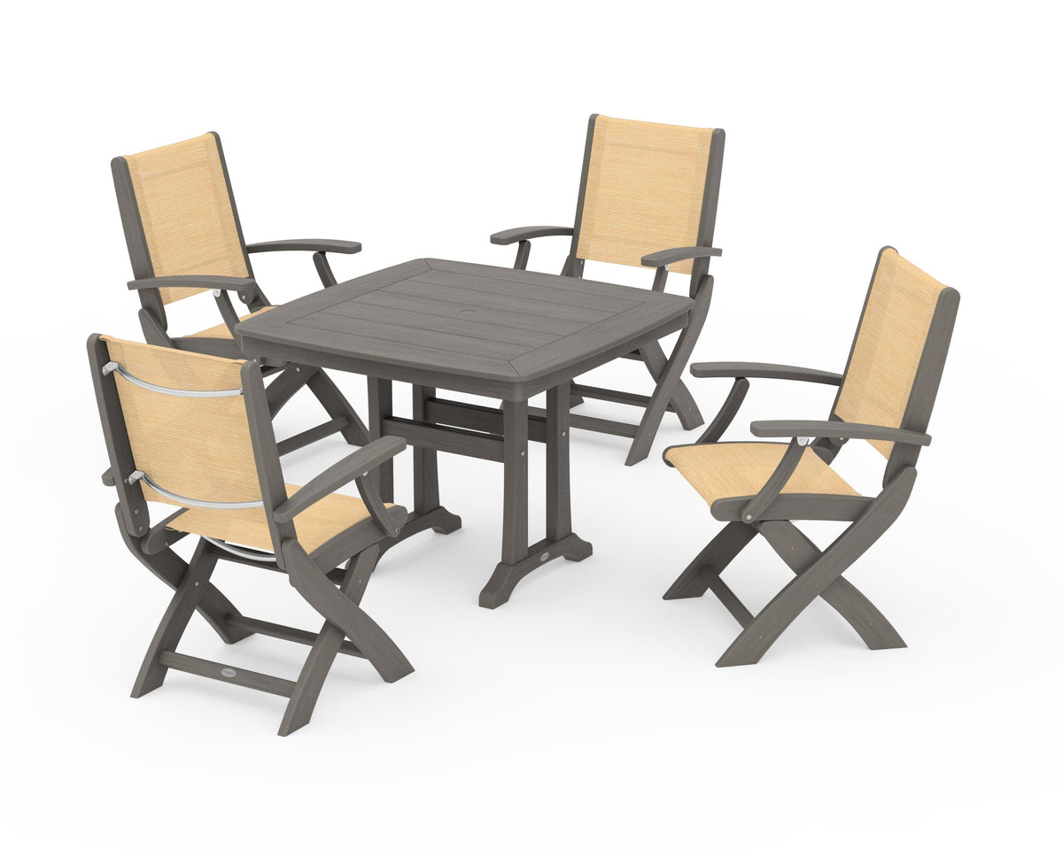POLYWOOD Coastal Folding Chair 5-Piece Dining Set with Trestle Legs in Driftwood / Dupioni Apricot