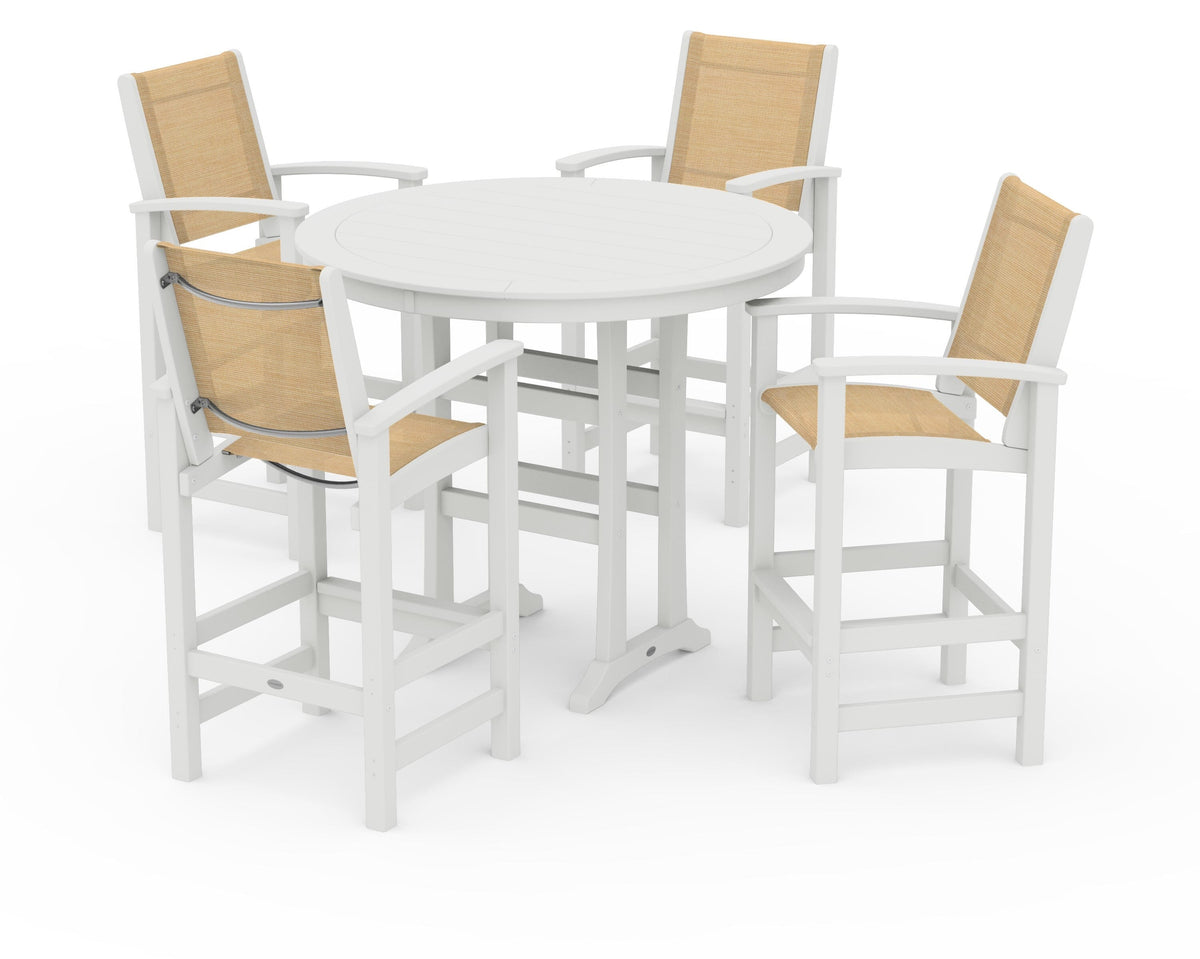 POLYWOOD Coastal 5-Piece Nautical Trestle Bar Set in Vintage White / Dupioni Apricot
