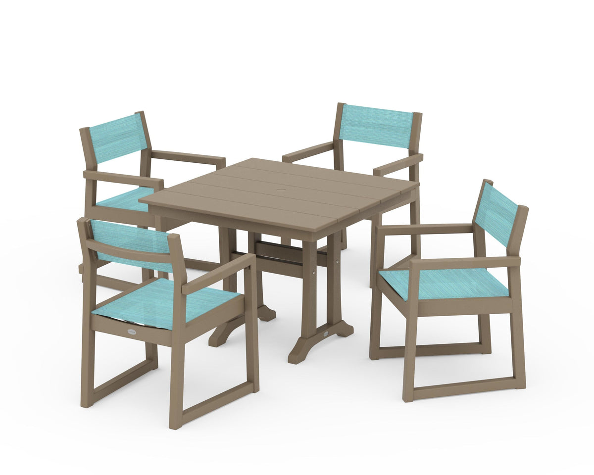 POLYWOOD EDGE Sling 5-Piece Farmhouse Dining Set with Trestle Legs in Vintage Sahara / Dupioni Aquamarine