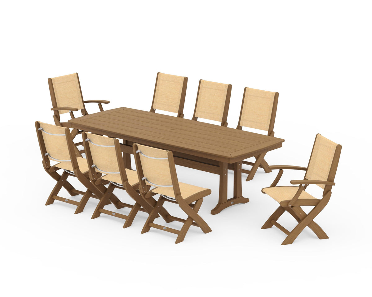 POLYWOOD Coastal Folding 9-Piece Dining Set with Trestle Legs in Natural / Dupioni Apricot
