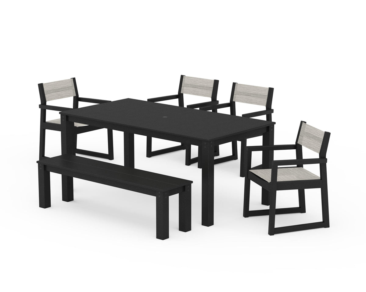 POLYWOOD EDGE Sling Arm Chair 6-Piece Parsons Dining Set with Bench in Black / Birch