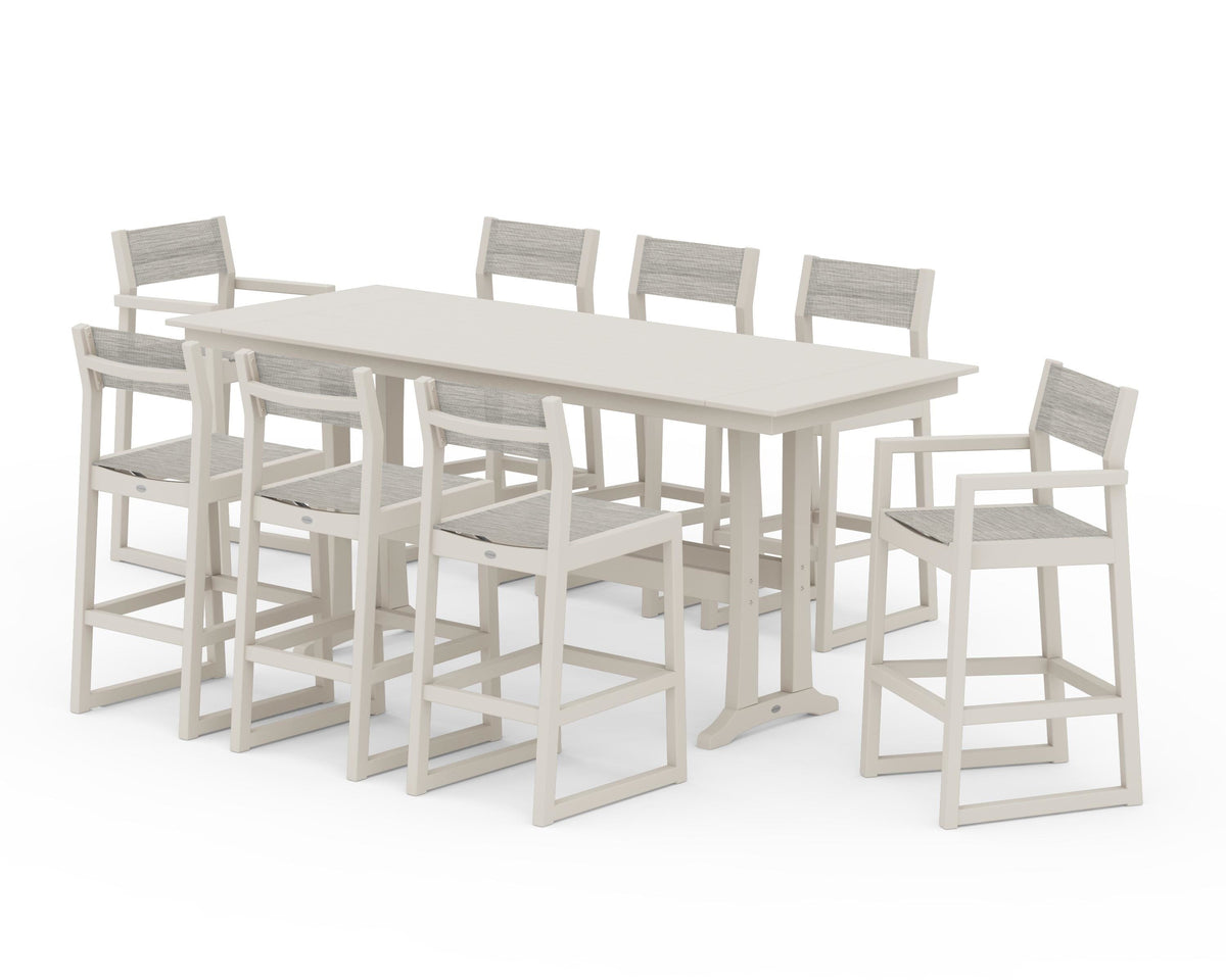 POLYWOOD EDGE Sling 9-Piece Farmhouse Bar Set with Trestle Legs in Sand / Birch