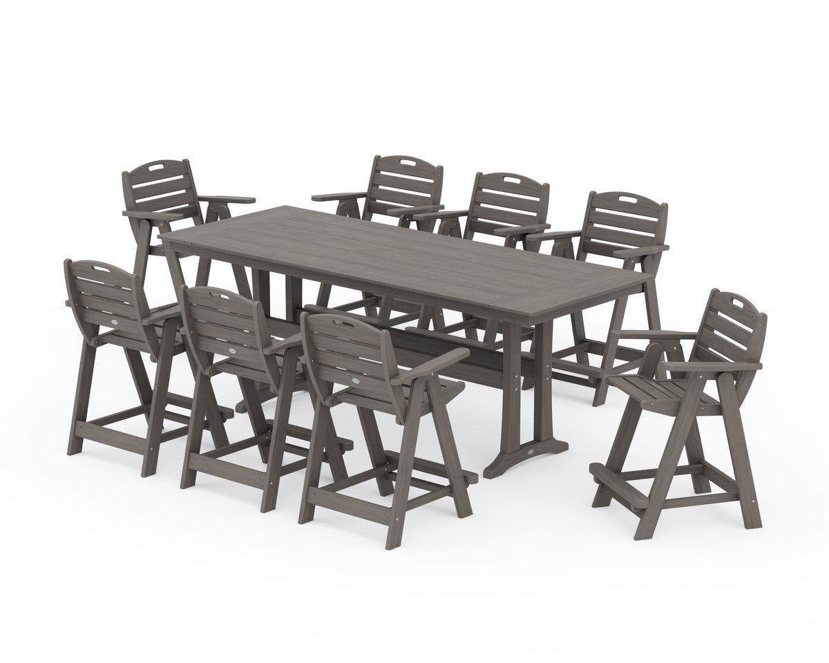 POLYWOOD Nautical 9-Piece Farmhouse Counter Set with Trestle Legs in Driftwood