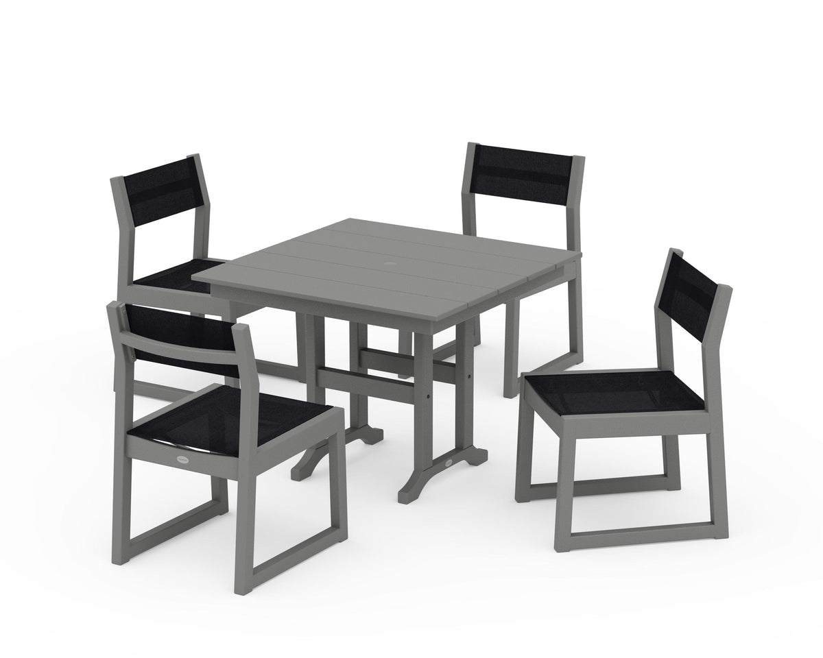 POLYWOOD EDGE Sling Side Chair 5-Piece Farmhouse Dining Set in Slate Grey / Black