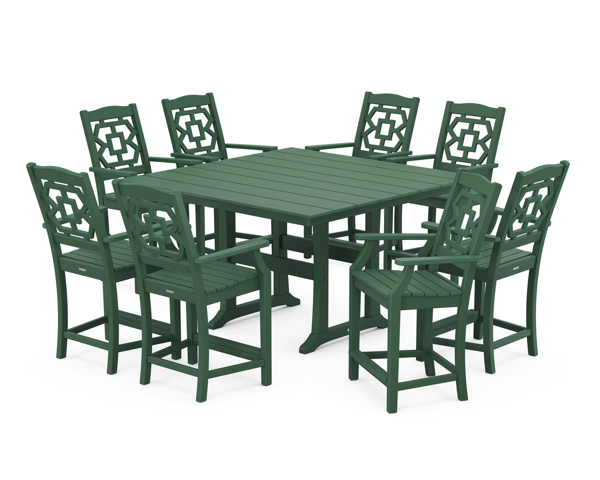 POLYWOOD Chinoiserie 9-Piece Square Farmhouse Counter Set with Trestle Legs in Green