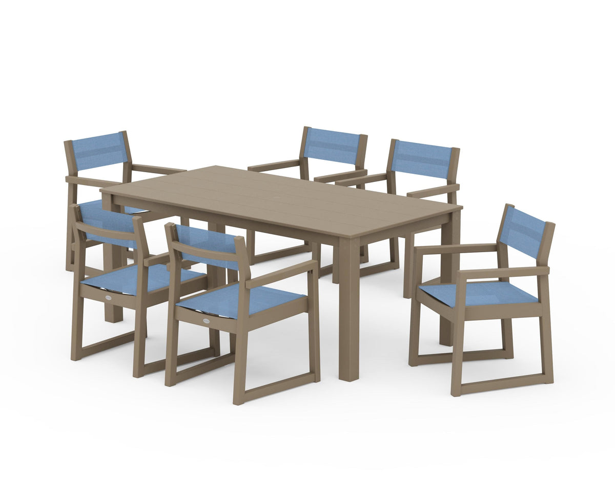 POLYWOOD EDGE Sling Arm Chair 7-Piece Parsons Dining Set in Vintage Sahara / Poolside