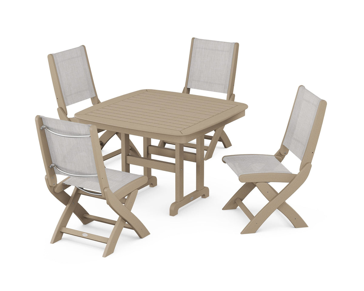 POLYWOOD Coastal Folding Side Chair 5-Piece Dining Set with Nautical 44" Dining Table in Vintage Sahara / Parchment