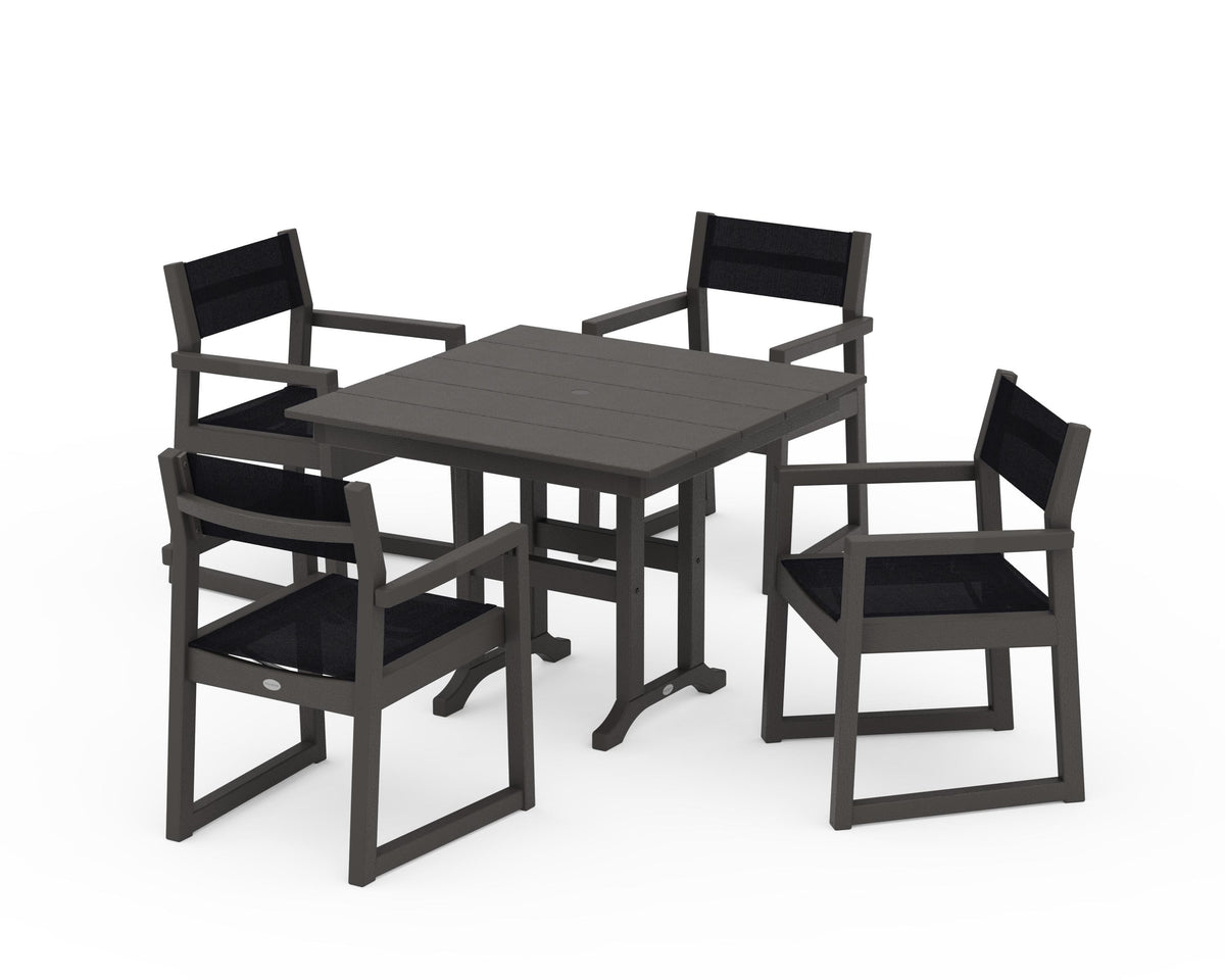 POLYWOOD EDGE Sling Arm Chair 5-Piece Farmhouse Dining Set in Vintage Coffee / Black