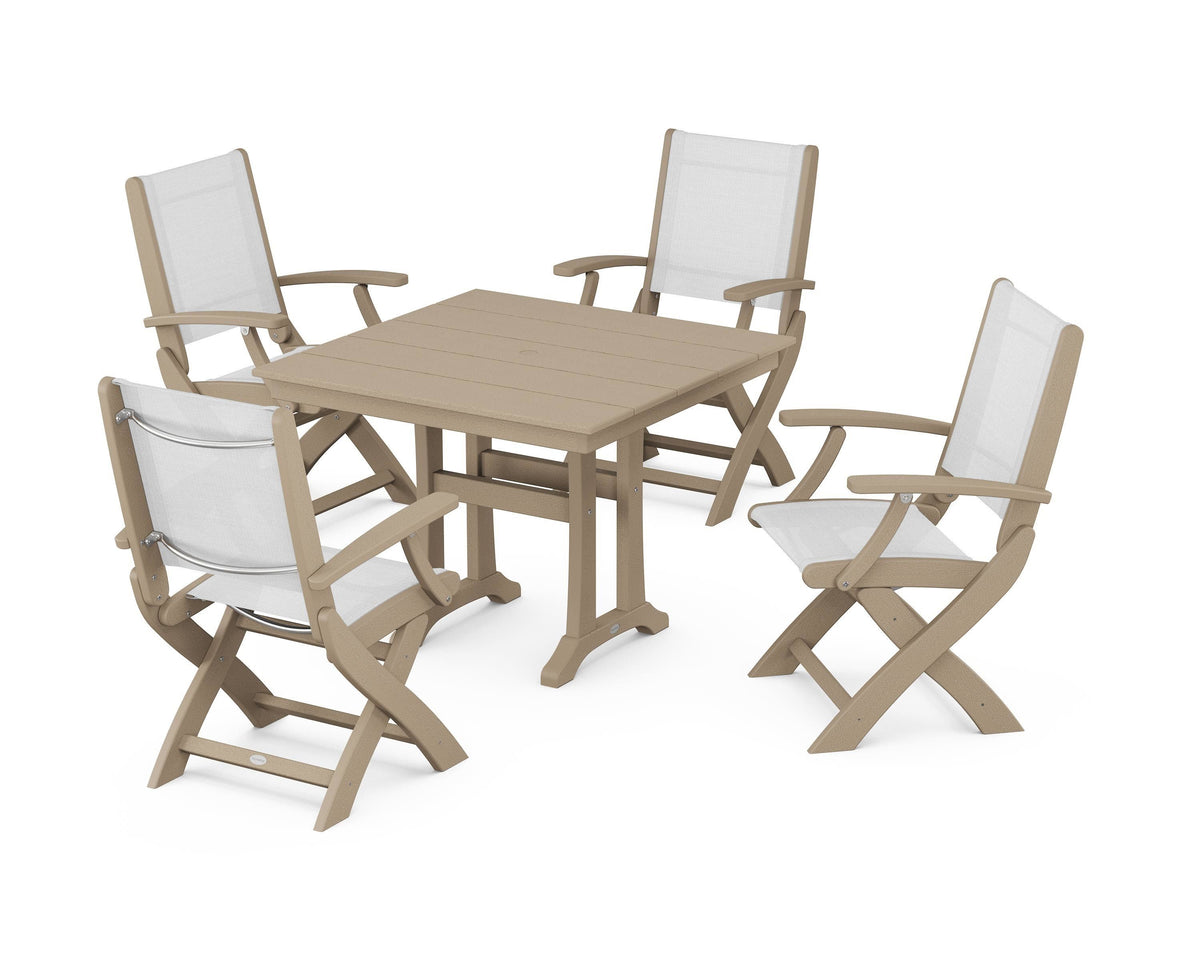 POLYWOOD Coastal Folding Chair 5-Piece Farmhouse Dining Set With Trestle Legs in Vintage Sahara / White