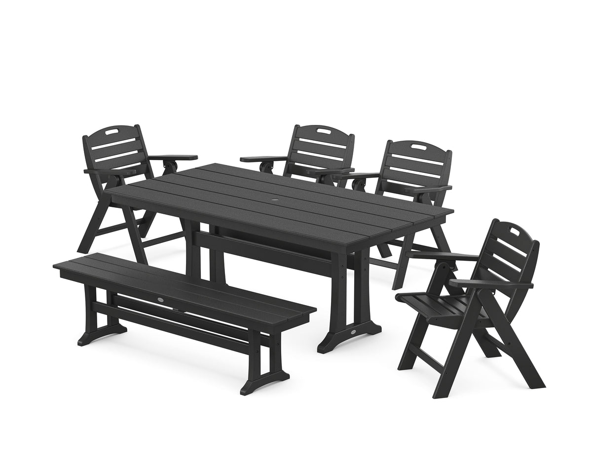 POLYWOOD Nautical Lowback 6-Piece Farmhouse Dining Set with Trestle Legs and Bench in Black