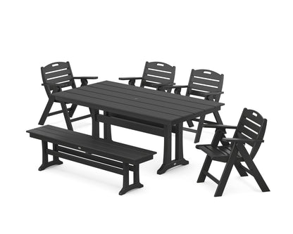 POLYWOOD Nautical Lowback 6-Piece Farmhouse Dining Set with Trestle Legs and Bench in Black