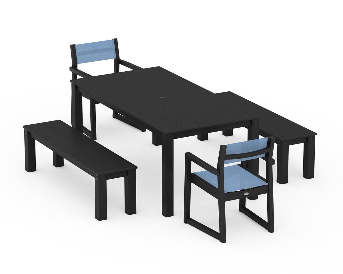 POLYWOOD EDGE Sling Arm Chair 5-Piece Parsons Dining Set with Benches in Black / Poolside