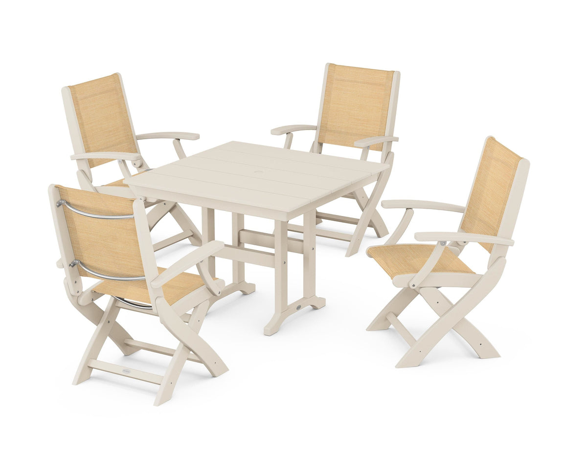 POLYWOOD Coastal Folding Chair 5-Piece Farmhouse Dining Set in Sand / Dupioni Apricot