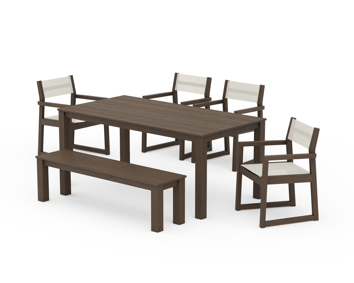 POLYWOOD EDGE Sling Arm Chair 6-Piece Parsons Dining Set with Bench in Kona / Parchment
