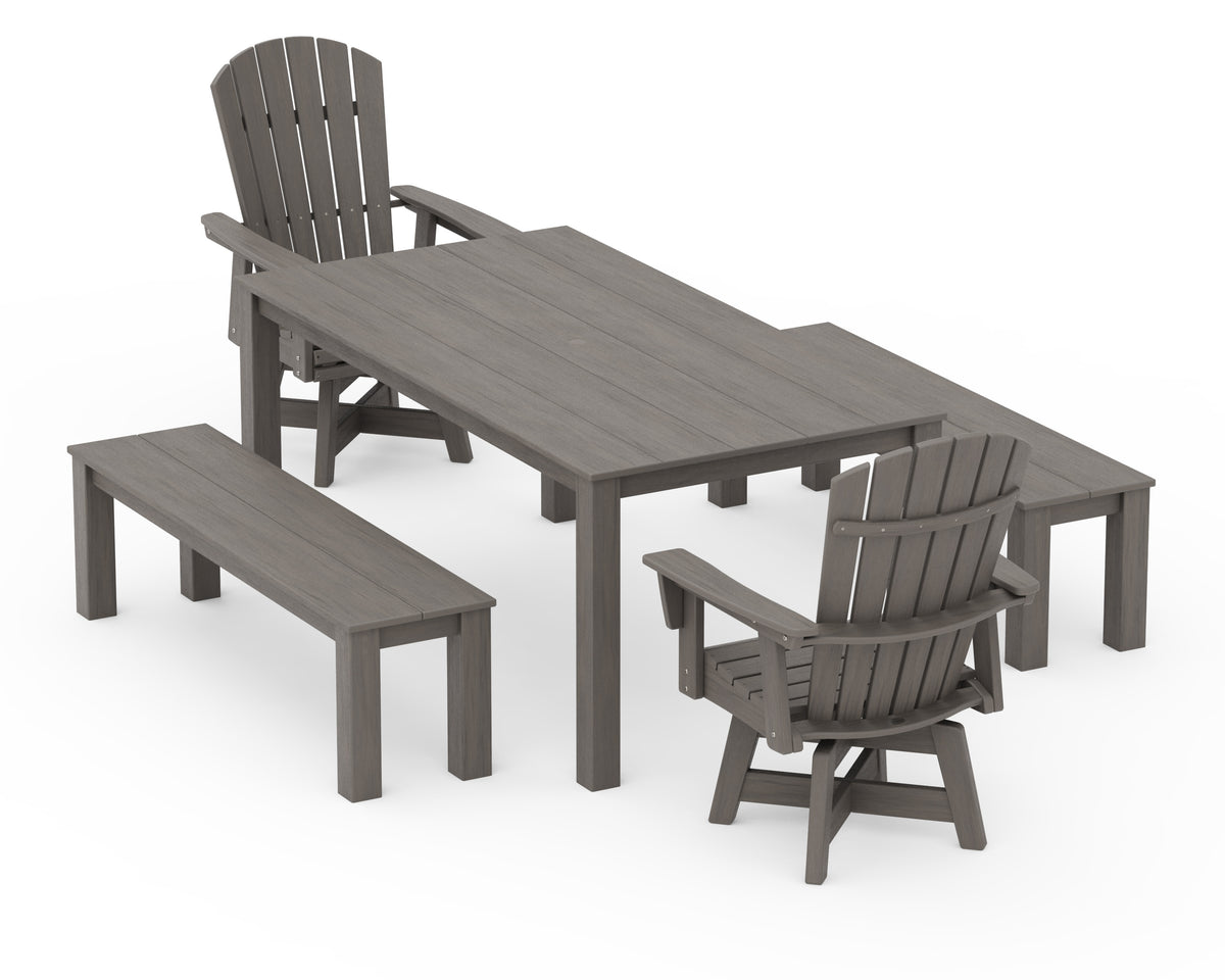 POLYWOOD Nautical Curveback Adirondack Swivel 5-Piece Parsons Dining Set with Benches in Driftwood