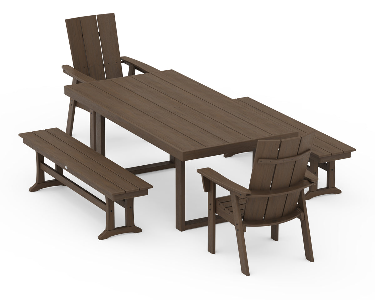 POLYWOOD Modern Curveback Adirondack 5-Piece Dining Set with Benches - 39" x 78" Table in Kona