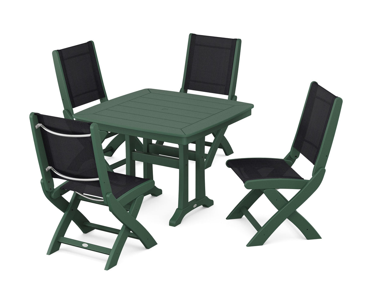 POLYWOOD Coastal Folding Side Chair 5-Piece Dining Set with Trestle Legs in Green / Black