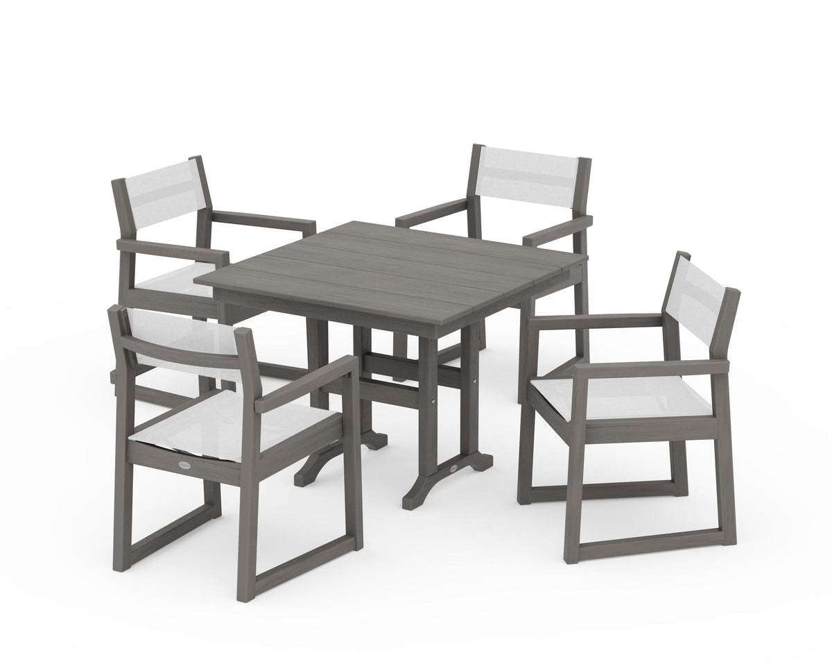 POLYWOOD EDGE Sling Arm Chair 5-Piece Farmhouse Dining Set in Driftwood / White