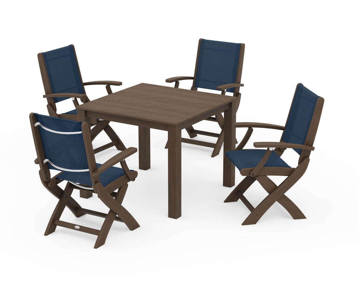 POLYWOOD Coastal Folding Chair 5-Piece Parsons Dining Set in Kona / Navy Blue