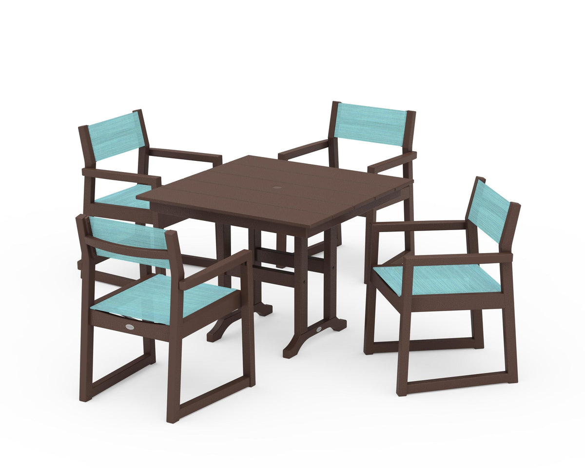 POLYWOOD EDGE Sling Arm Chair 5-Piece Farmhouse Dining Set in Mahogany / Dupioni Aquamarine