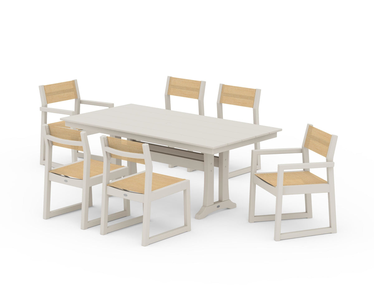 POLYWOOD EDGE Sling 7-Piece Farmhouse Trestle Dining Set in Sand / Dupioni Apricot