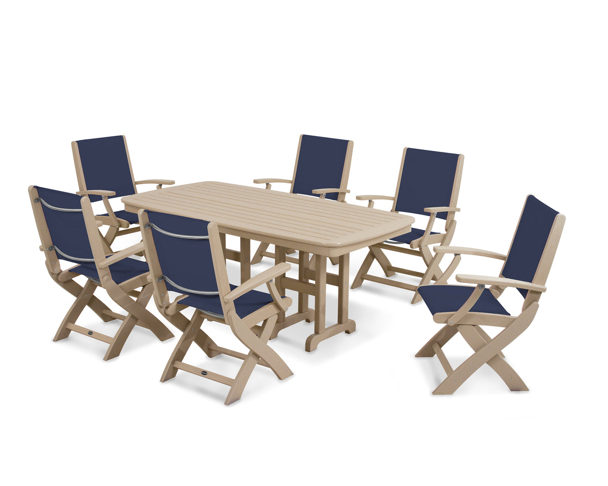POLYWOOD Coastal Folding Arm Chair 7-Piece Dining Set in Sand / Navy Blue