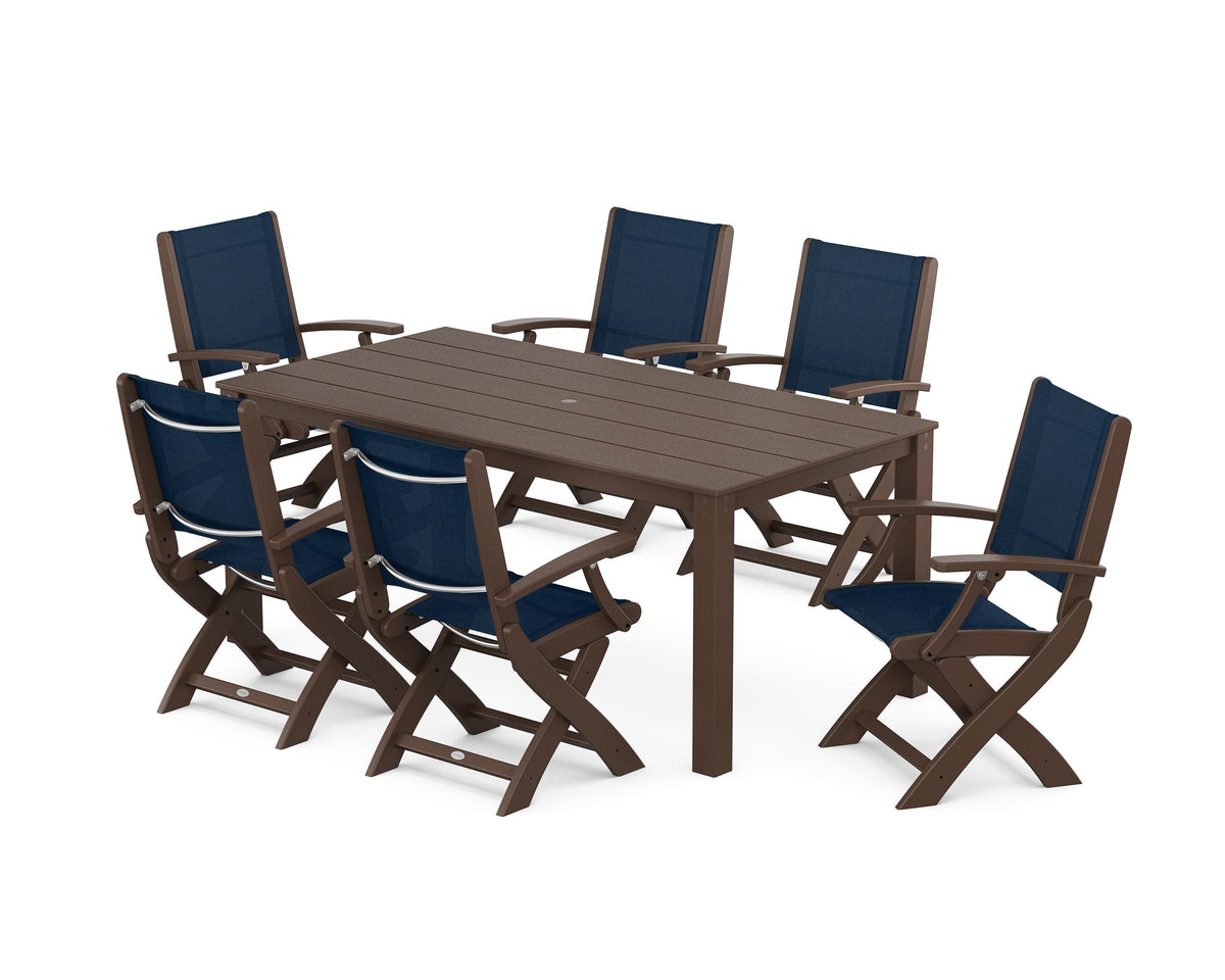 POLYWOOD Coastal Folding Chair 7-Piece Parsons Dining Set in Mahogany / Navy Blue