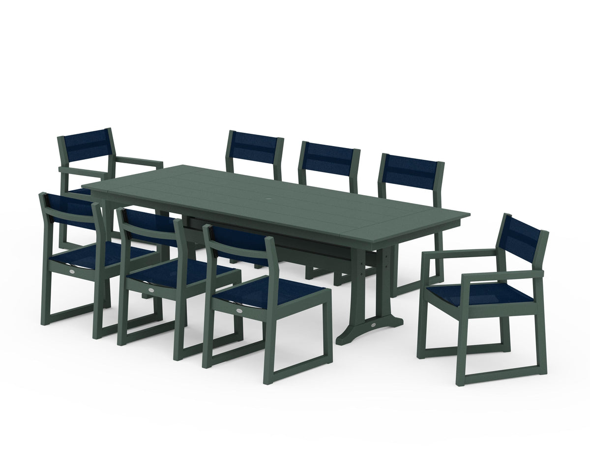 POLYWOOD EDGE Sling 9-Piece Farmhouse Trestle Dining Set in Green / Navy Blue