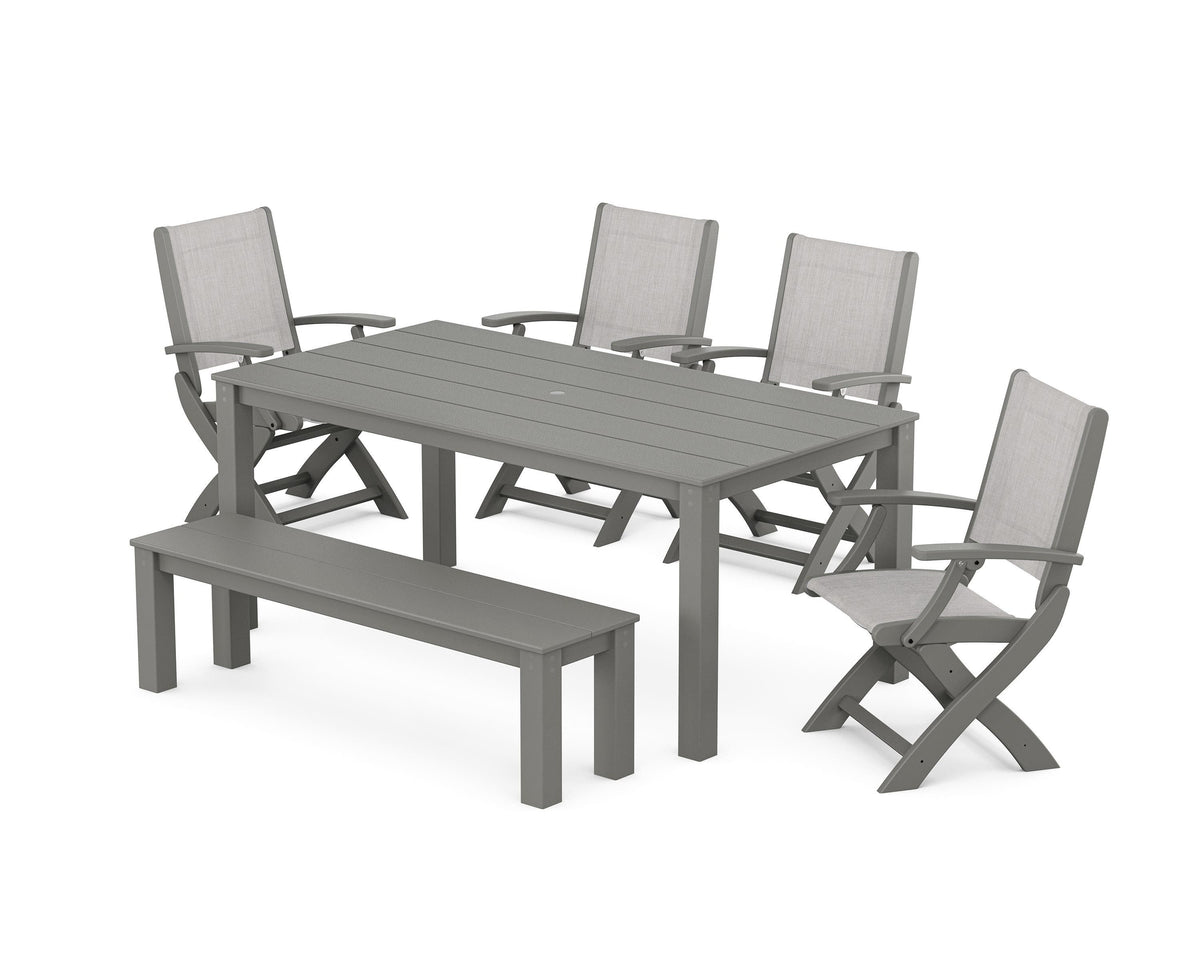 POLYWOOD Coastal Folding Chair 6-Piece Parsons Dining Set with Bench in Slate Grey / Black